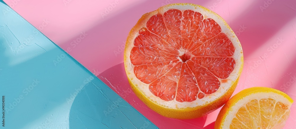 Aufkleber top view of a juicy grapefruit with slices on a colorful background a creative summer concept with h