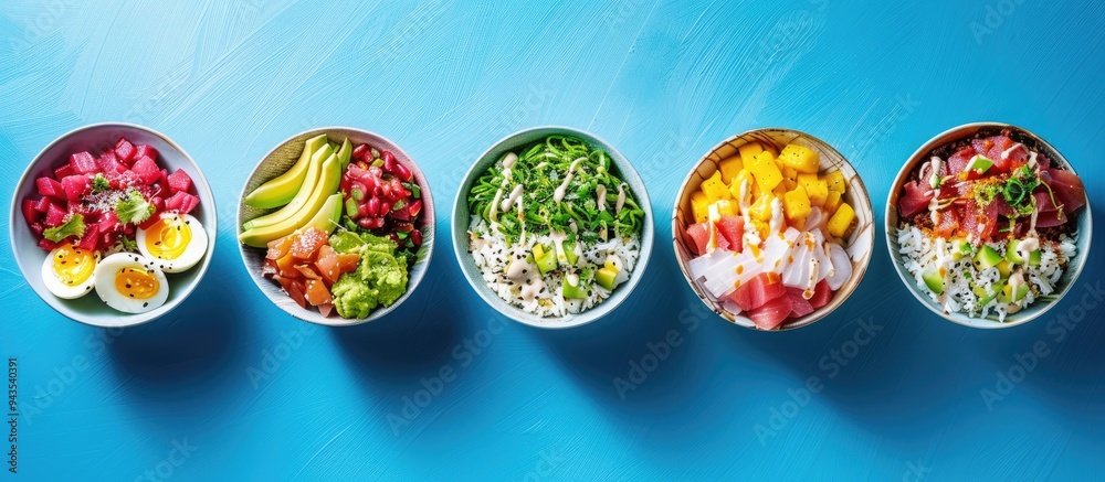 Poster Various poke bowl varieties showcased in a top view image with a blue background with plenty of copy space for additional text or graphics
