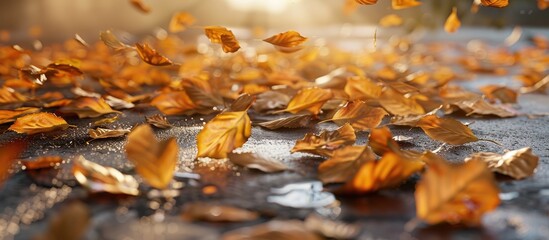 Fototapeta premium Many leaves scattered on the ground with ample copy space image