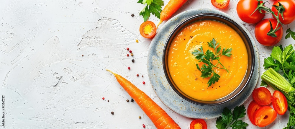 Poster Top down view of carrot puree soup in a ceramic bowl with fresh carrots and tomatoes arranged on a white textured background creating a visually appealing composition with copy space for images