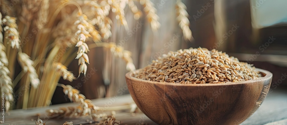 Aufkleber Organic harvest with oat seeds in a wooden bowl and ears on the table creating a rustic display with copy space image