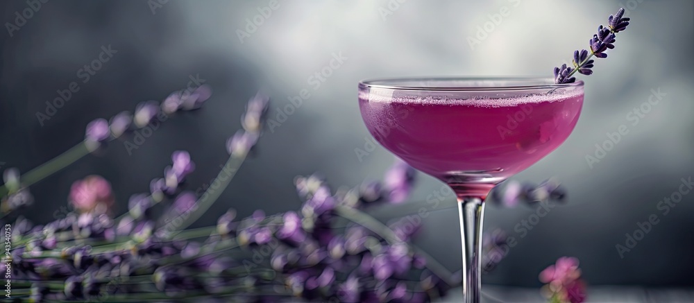 Poster gray background setting the stage for a lavender gin cocktail in a glass with ample copy space image