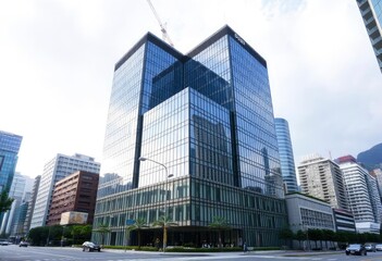 Obraz premium Office building glass and city skyline, ai