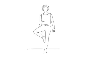 Old woman doing yoga. Active older women concept one-line drawing