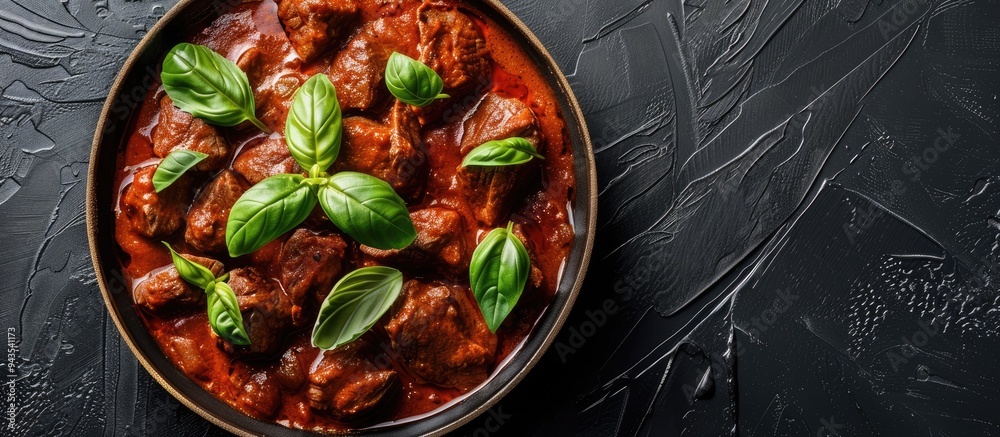 Poster beef goulash made at home garnished with basil sprigs in a copy space image