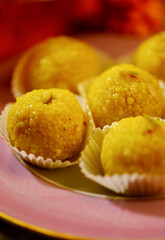 Motichoor Laddu - A plate full of Indian tradition sweet. A delicious traditional Indian dessert Bundi ladoo. 