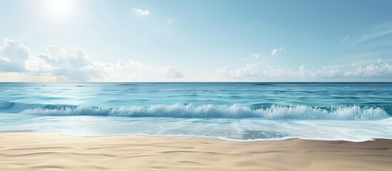 Obraz premium A scenic vista showcasing where the ocean meets the sky with calm waves caressing the sandy shore in the foreground set against a copy space image