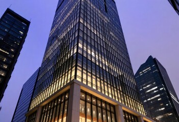 Naklejka premium Office building glass and city skyline, ai