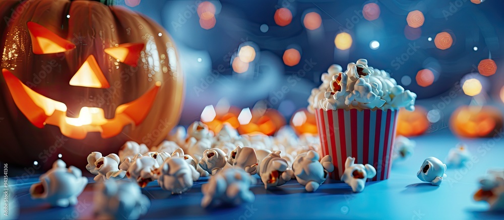 Poster A Halloween themed setup with a pumpkin popcorn and a blue background ideal for adding text or other elements. Creative banner. Copyspace image