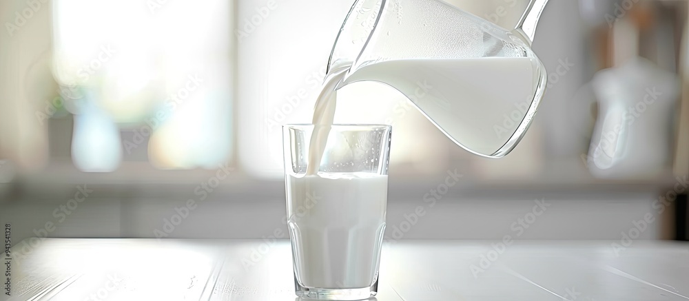 Aufkleber Close up shot of pouring fresh milk from a jug to a glass on a white table with room for adding text in the image. Creative banner. Copyspace image