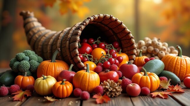 Bountiful Autumn Harvest Cornucopia: Traditional Thanksgiving Display with Pumpkins, Gourds, and Seasonal Fruits