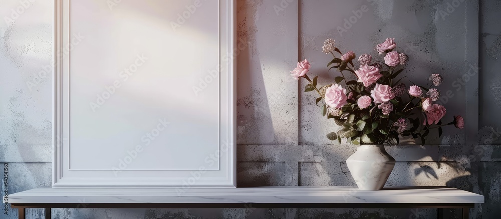 Poster a decorative frame on a wall and table with a vase of flowers providing a pleasant aesthetic appeal 