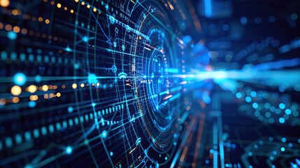 Fototapeta premium Abstract Futuristic Digital Interface with Glowing Blue Lines and Data Flow - High-Tech Cyber Background