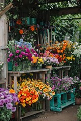 Vibrant Flower Shop Display with Colorful Bouquets in Rustic Outdoor Setting - Fresh Floral Arrangements