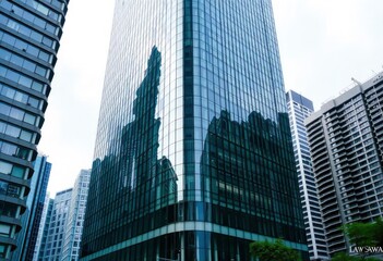 Fototapeta premium Office building glass and city skyline, ai