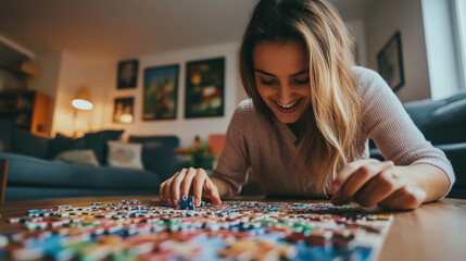 Woman doing a puzzle in the living room