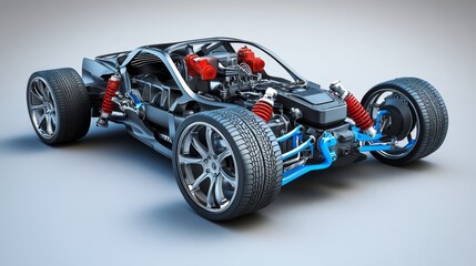 A futuristic sports car with its engine and suspension system exposed. The car is rendered in a sleek, modern design.