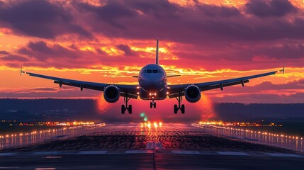 Airplane taking off at sunset, with a beautiful sky and runway lights, Majestic, Warm, Atmospheric