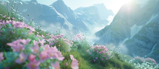 Flowers blooming in the mountainous landscape with copy space image