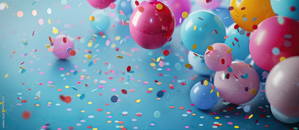 Poster colorful balloons and confetti are arranged on a blue table creating a festive backdrop for a celebr