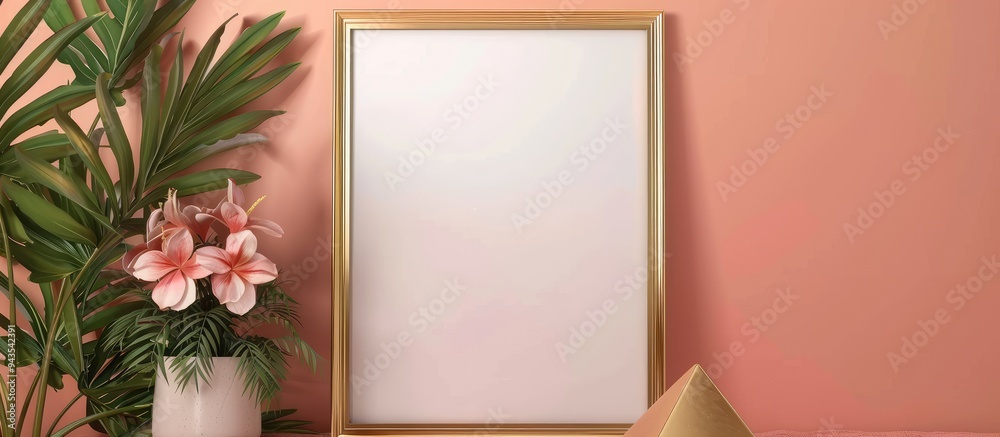 Poster A golden picture frame adorned with flowers and a pyramid displayed on a table accompanied by a generous area for text in the photo. Creative banner. Copyspace image