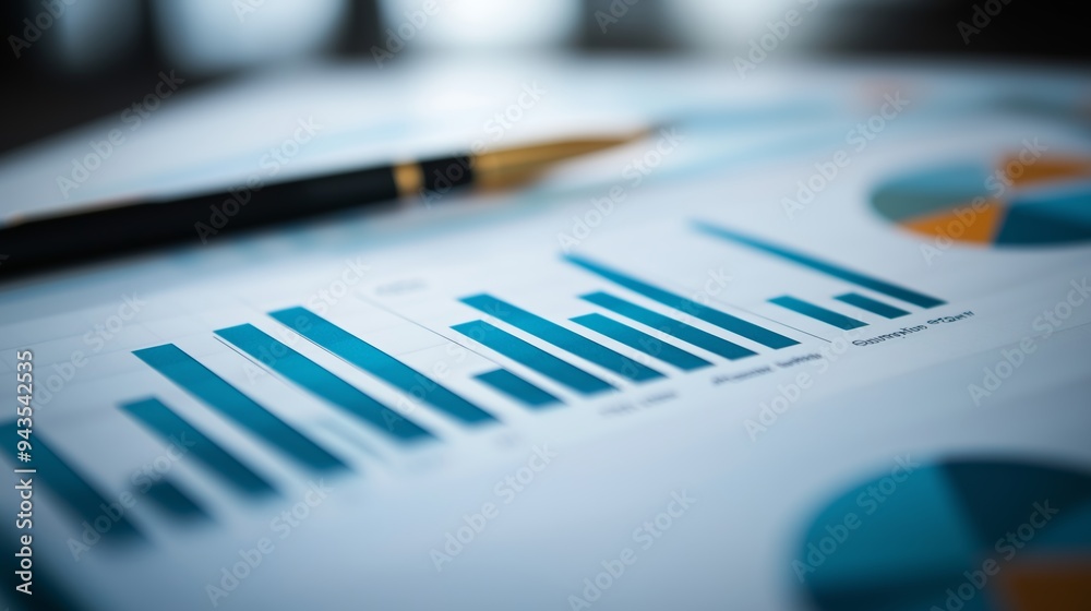 Poster analyzing financial data trends with charts and graphs displayed on a desk with a pen in focus