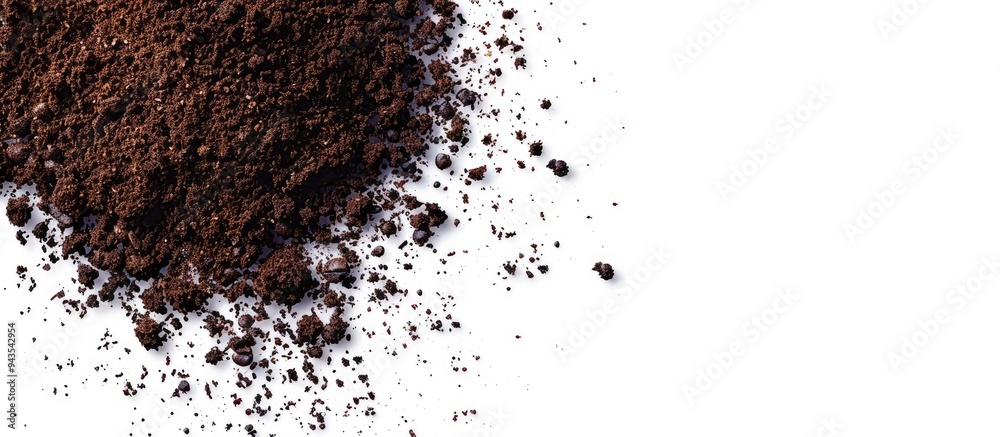 Aufkleber Coffee grounds scattered on a white backdrop with empty space for text or other elements in the image. Creative banner. Copyspace image