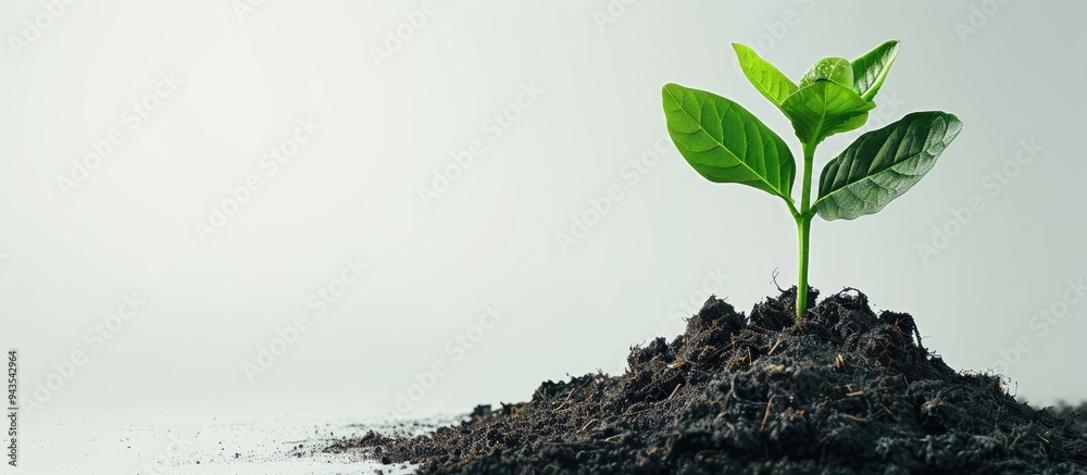 Poster A seedling situated in compost on a plain white backdrop with ample copy space image available