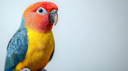 Naklejka premium Colorful Bird on White Background - Vibrant Lovebird Perched Beautifully with Playful Feathers Showcasing Nature's Bright Colors and Quirky Personality in a Minimalist Setting