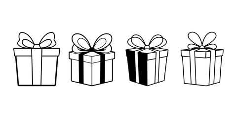 New Year gift set, outline, black silhouette. Isolated white background.