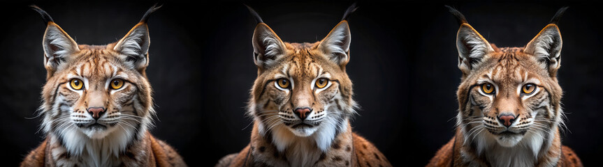 Obraz premium Set of lynx muzzle portraits on black background.