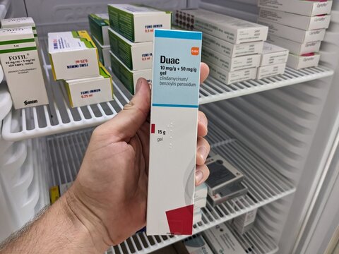 Prague, Czech Republic - August 28 2024: DUAC GEL box with CLINDAMYCIN and BENZOYL PEROXIDE active substances by GLAXOSMITHKLINE, used for acne treatment.

