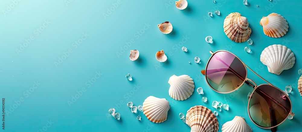 Leinwandbilder top view flat lay of sunglasses on a summer background with a seashell providing a copy space image 