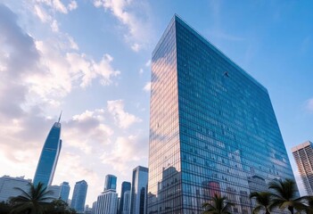 Fototapeta premium Office building glass and city skyline, ai