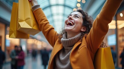 Joyful Woman Shopper: Excited Female Celebrating Successful Shopping Spree with Raised Arms and Bags
