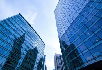 Fototapeta premium Office building glass and city skyline, ai