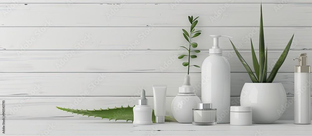 Poster cosmetic bottles aloe vera leaves and jars displayed on a white wooden backdrop with copy space imag