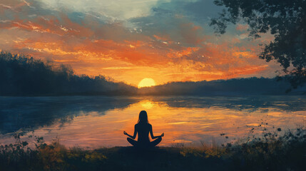 Woman meditating by a serene lake at sunset