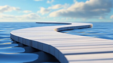 A winding wooden path extends across a calm blue sea, leading towards a bright, cloudy sky.