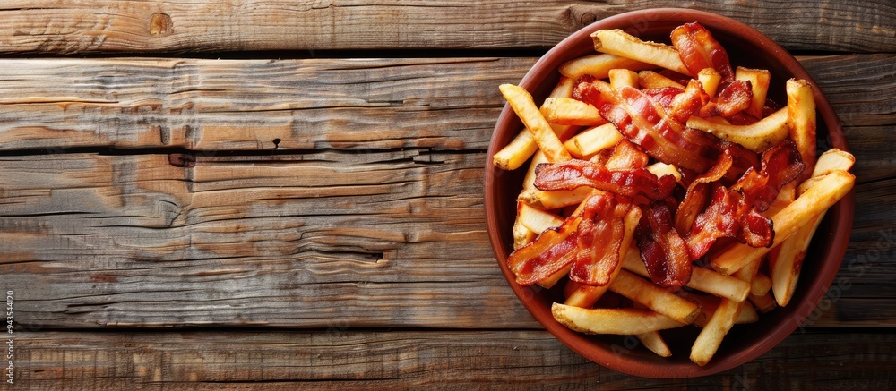 Fototapete flat lay of appetizing french fries and bacon on a wooden surface with copy space image available