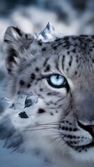 Naklejka premium a leopard with a blue eye and a mountain in the background