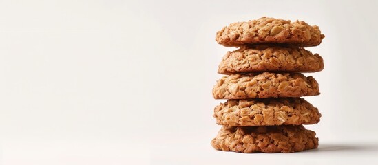 Oatmeal cookies a healthy option stand alone on a white backdrop with room for a copy space image