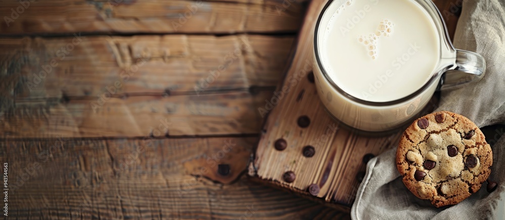 Poster Above view of a jug of fresh milk and cookie on a wooden table with a space for text in the image. Creative banner. Copyspace image