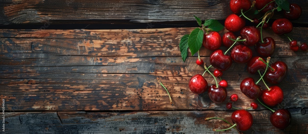 Poster top down view of ripe cherries displayed against a rustic wooden backdrop ideal for a copy space ima