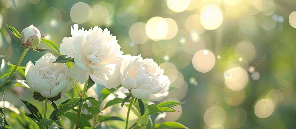 Fototapete close up of blooming white peonies in a spring garden with a green natural background creating a bea