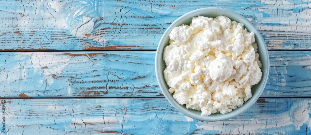 Poster top view of delicious ricotta on a pale blue wooden surface ideal for placing text in the image. cre