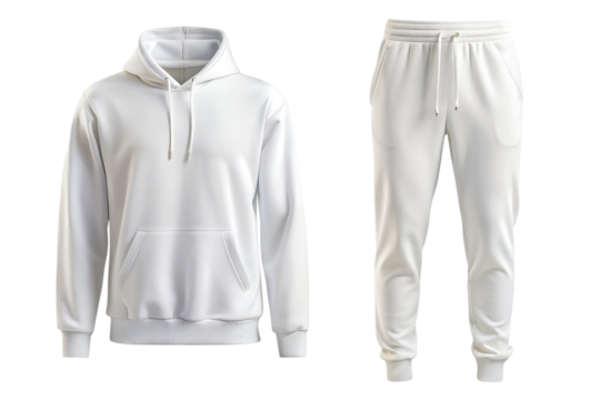 Sports suit white color with hoodie and sweatpants set isolated on a white background. Casual sports style concept. White tracksuit sweatshirt and sweatpants joggers . PNG