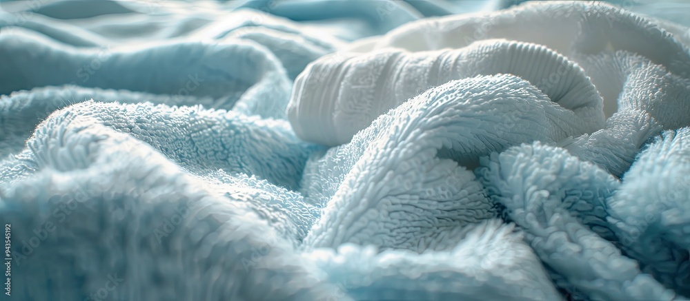 Poster a stunning macro shot of white towels neatly folded on a blue beach towel background with a soft tex