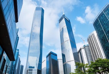 Office building glass and city skyline, ai
