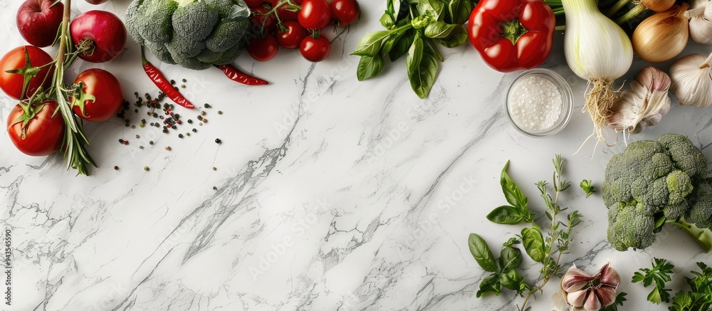 Aufkleber fresh vegetables fruits and herbs arranged on a white marble surface providing a vegetarian friendly